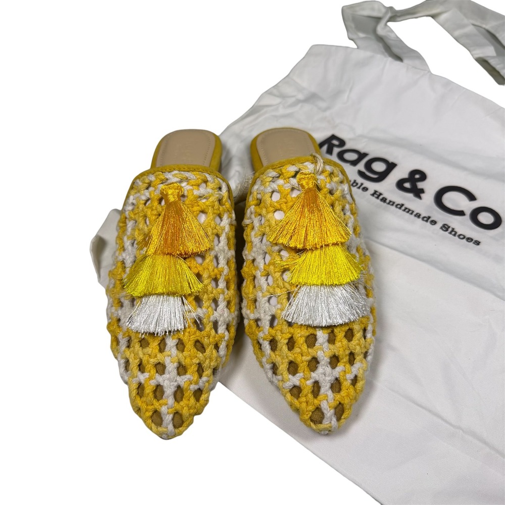 Rag & Co Yellow Macrame Crochet Tassel Mules Pointed Toe Slides Womens 6 NEW
